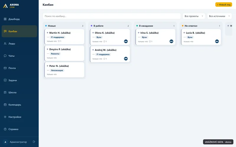 Kanban CRM skupiny Axora Group s ukážkovými dopytmi podľa stavu