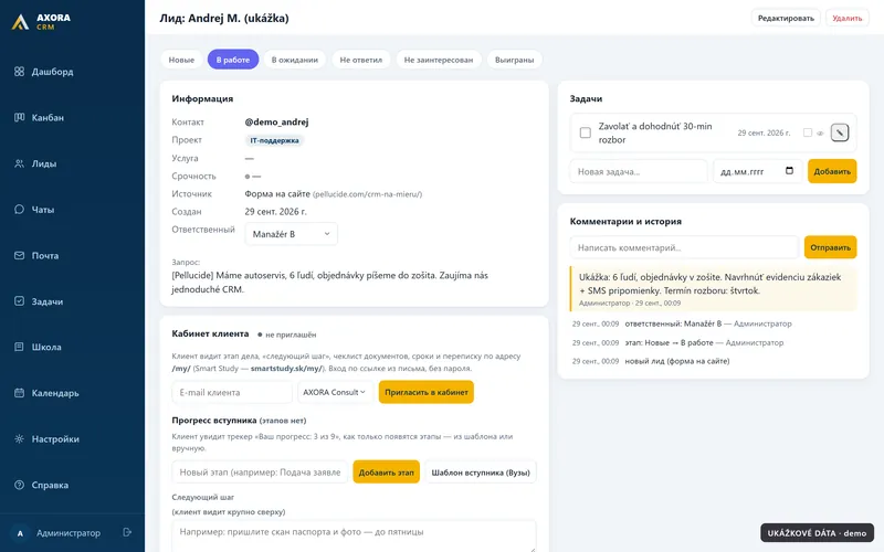 Karta dopytu v CRM: kontakt, zdroj, zodpovedný, úloha a história