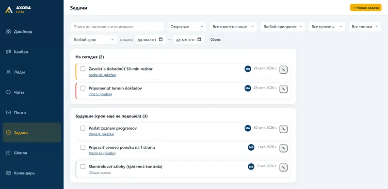 CRM tasks for today and upcoming, with due dates and owners (sample data)